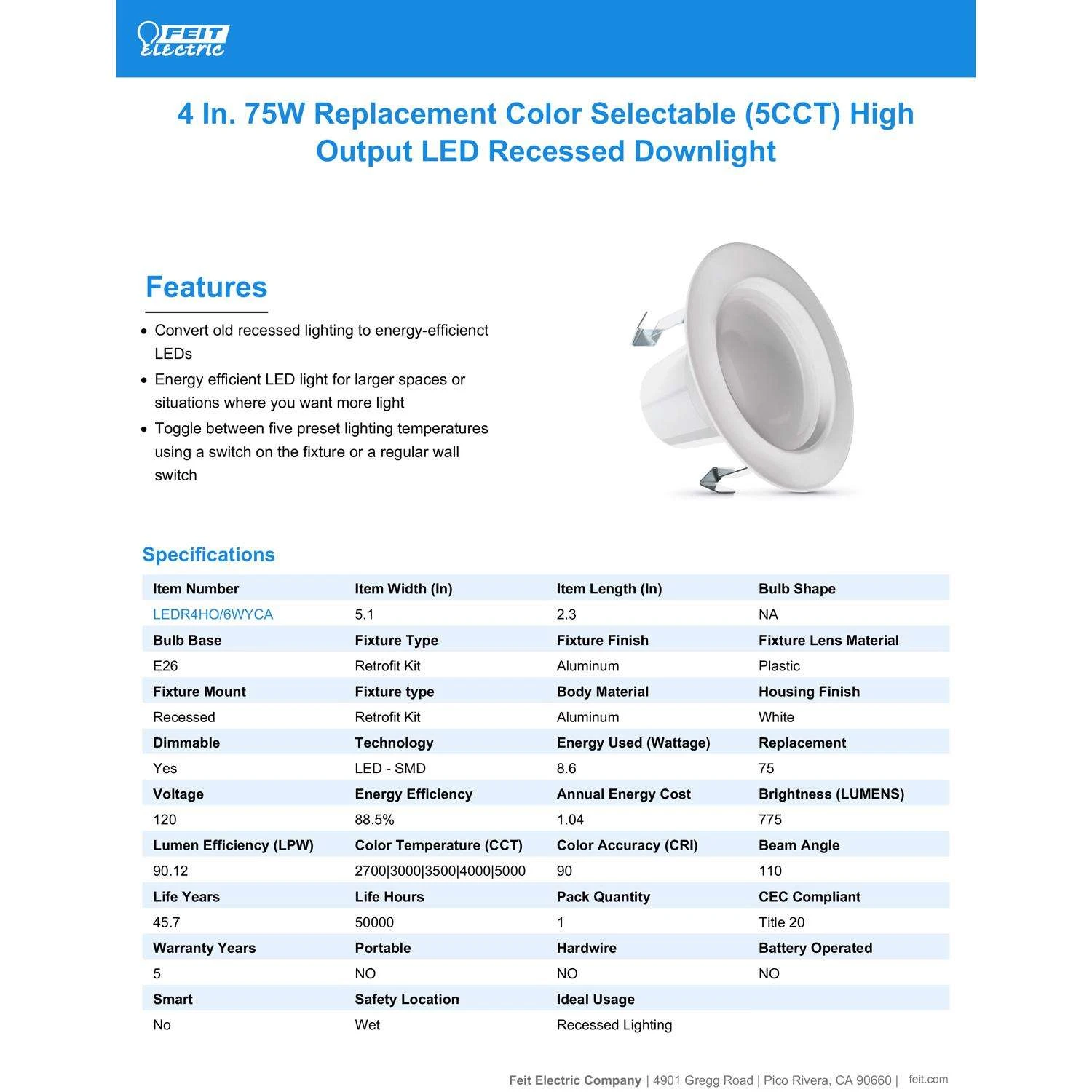 Feit Enhance Frost White 5.1 In. W Aluminum LED Dimmable Recessed Downlight 8.6 W 8 Feit Enhance Frost White 5.1 In. W Aluminum LED Dimmable Recessed Downlight 8.6 W - Image 8