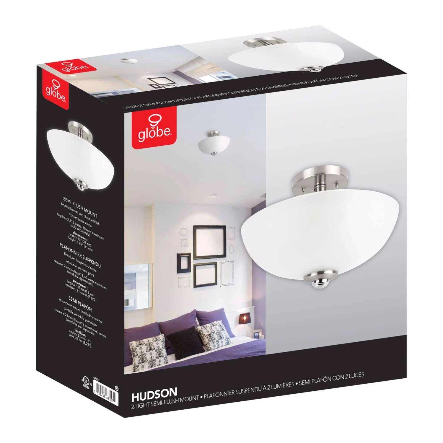 Globe Electric Hudson 8.25 In. H X 13 In. W X 13 In. L Brushed Nickel Ceiling Light 7 Globe Electric Hudson 8.25 In. H X 13 In. W X 13 In. L Brushed Nickel Ceiling Light - Image 7