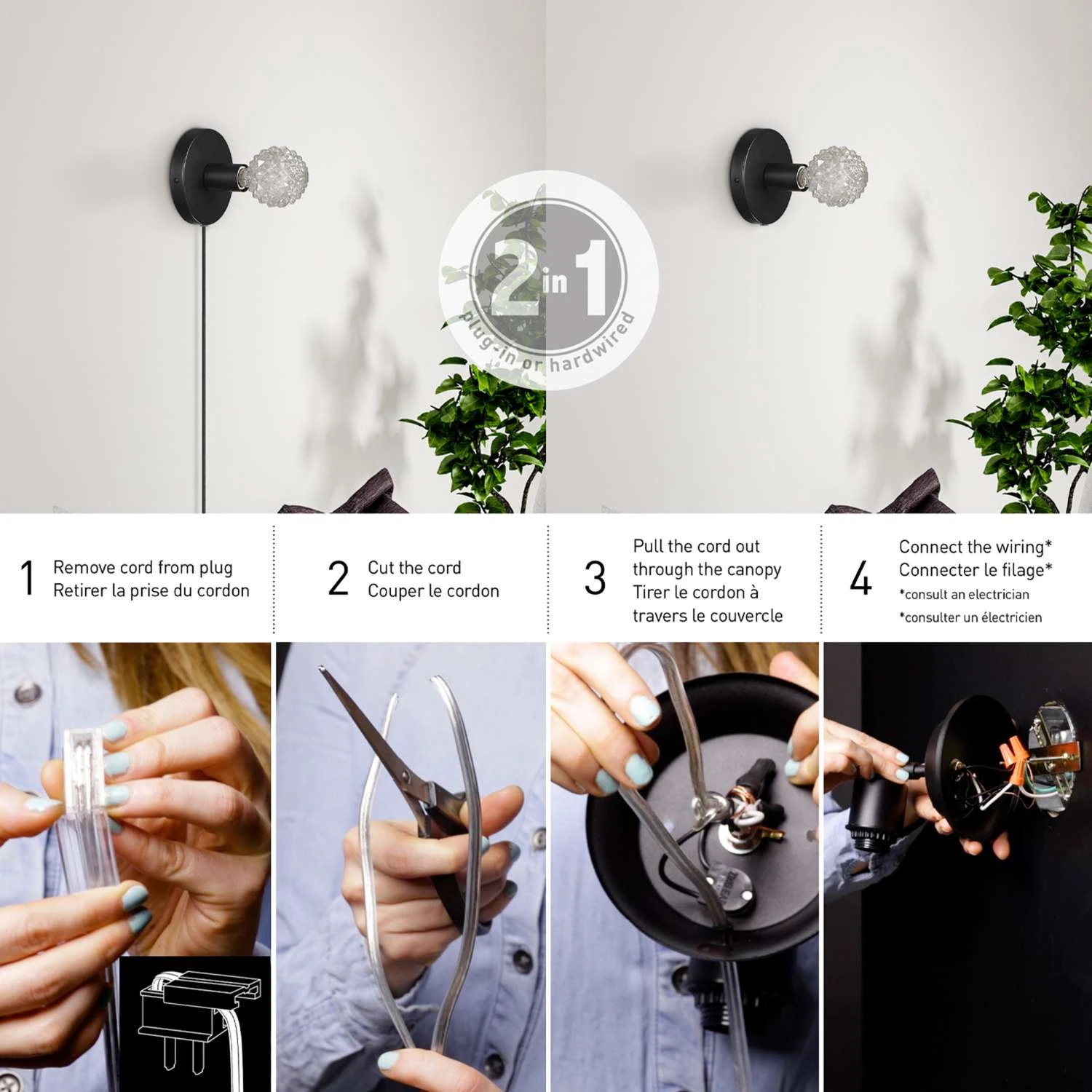 Globe Electric 3 In 1 Hardwire Or Plug-In 1-Light Matte Wall Sconce 4 Globe Electric 3 In 1 Hardwire Or Plug-In 1-Light Matte Wall Sconce - Image 4